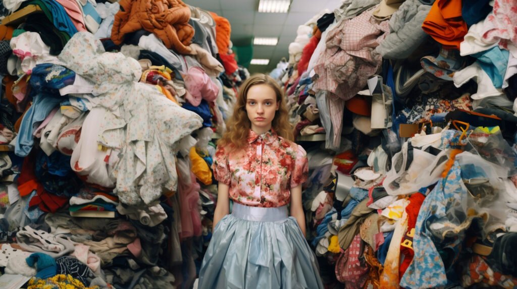 A girl standing in the middle of a pile of clothes fast fashion