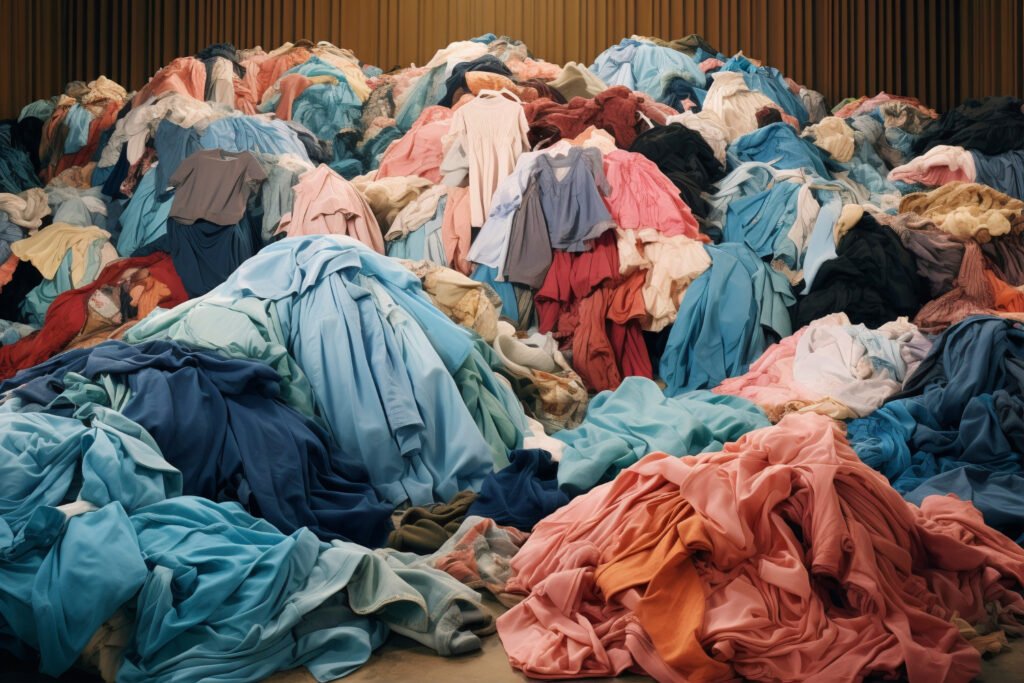 Textile waste pile of clothes fast fashion
