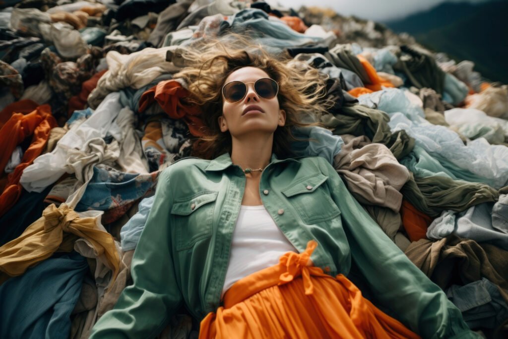 Women sitting on a pile of clothes fast fashion