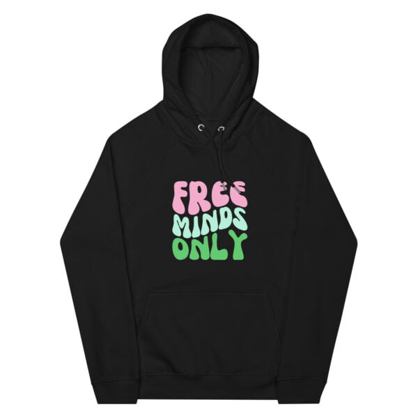 black hoodie mockup promoting free minds only in wavy style