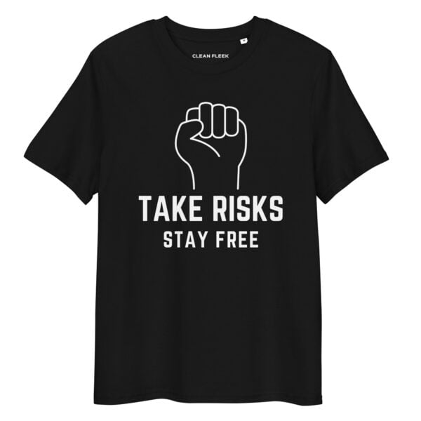 white t shirt mockup promoting message of take risks stay free