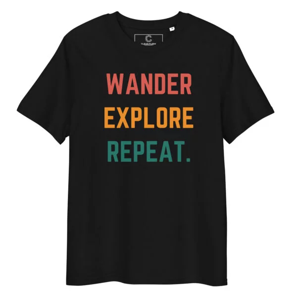black t shirt mockup promoting message of wander explore repeat