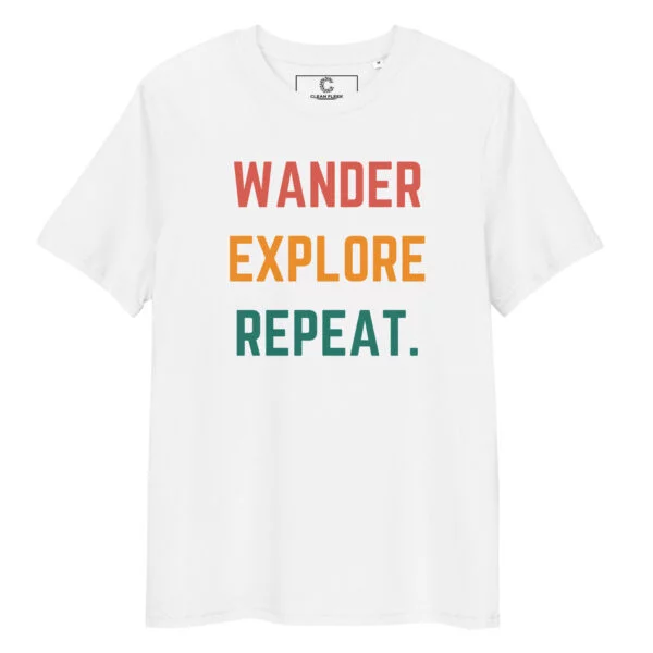 white t shirt mockup promoting message of wander explore repeat
