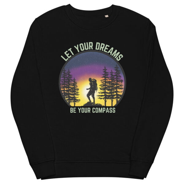 black sweatshirt mockup promoting message of let your dreams be your compass