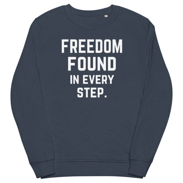 french navy sweatshirt mockup promoting message of freedom found in every step