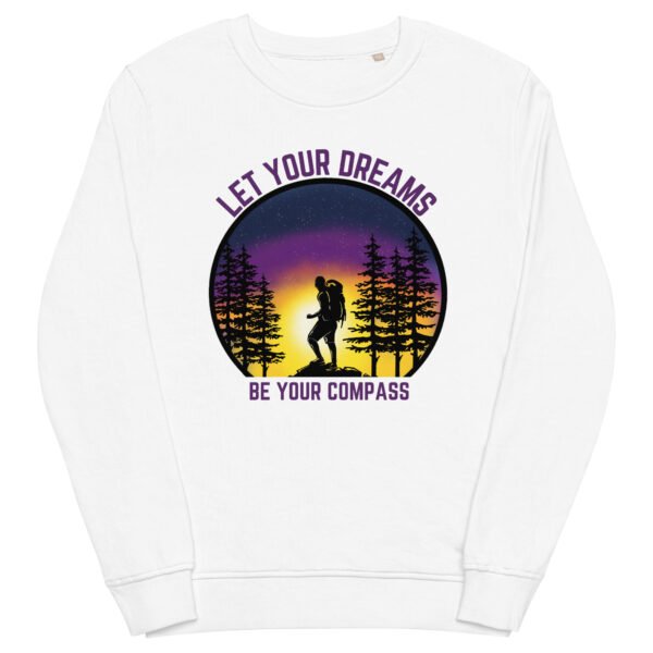 white sweatshirt mockup promoting message of let your dreams be your compass